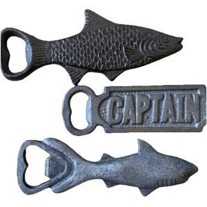 3 Vintage Cast iron Fish Shape bottle opener Boat CAPTAIN Shark JAWS Heavy 60s